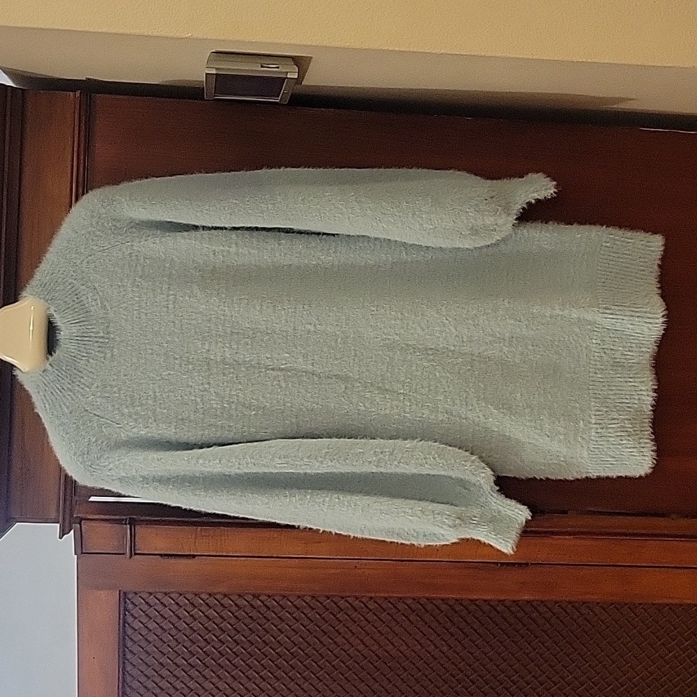 Bardot | Mock Neck Balloon Sleeve Fuzzy Knit Mini Dress Dusty Blue - Size Small